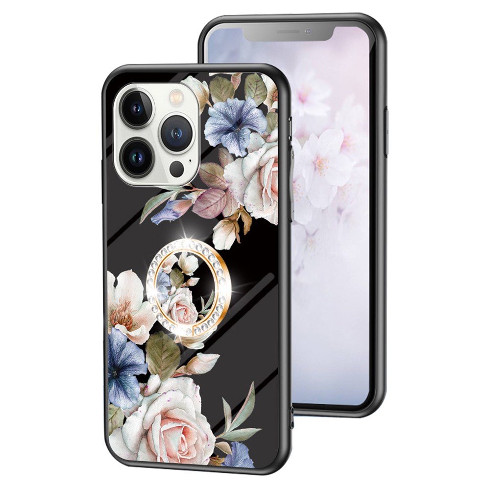 

Für Iphone 15 Pro Tempered Glass Flower Muster Phone Hülle Schockdichte PC+TPU -ring -kickständer Cover - Schwarzer Blumenbusch, iPhone 15 Pro
