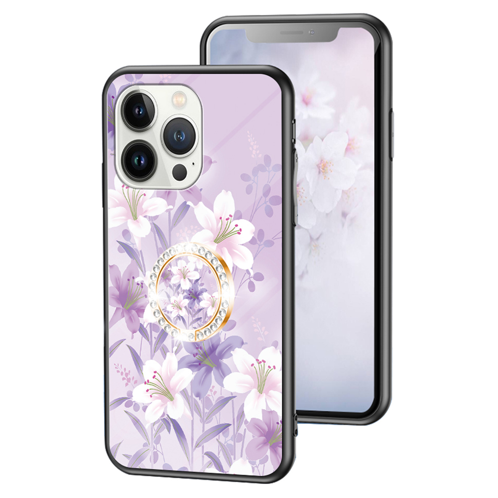 

Für Iphone 15 Pro Tempered Glass Flower Muster Phone Hülle Schockdichte PC+TPU -ring -kickständer Cover - Lila Magnolien, iPhone 15 Pro