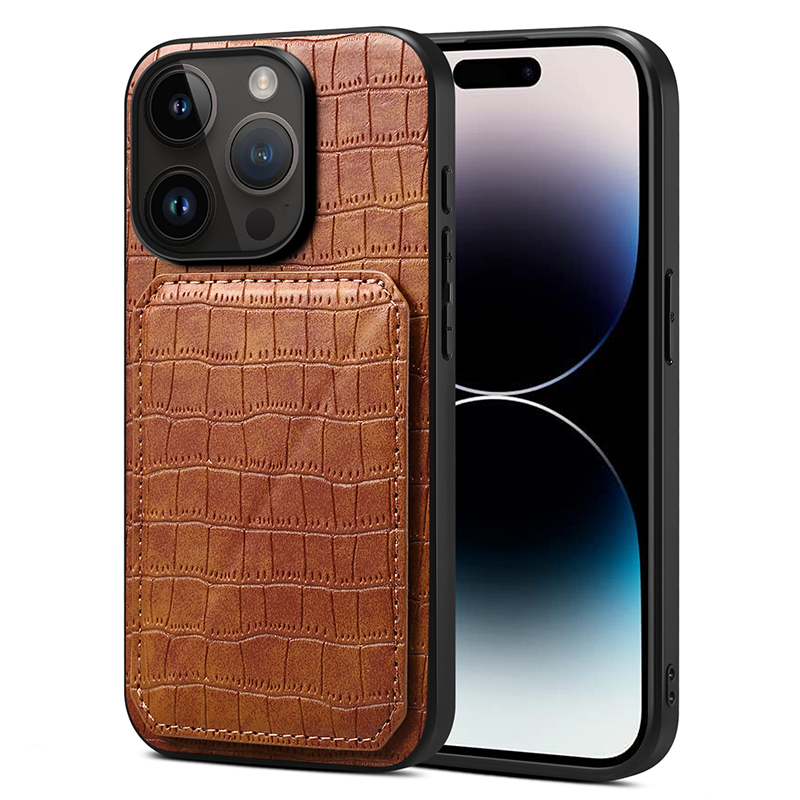 

Für Das Iphone 14 Pro Drop-proof-karten-ständer Phone Hülle Pc+tpu+pu-leder-krokodil-textur-telefonabdeckung - Braun, iPhone 14 Pro