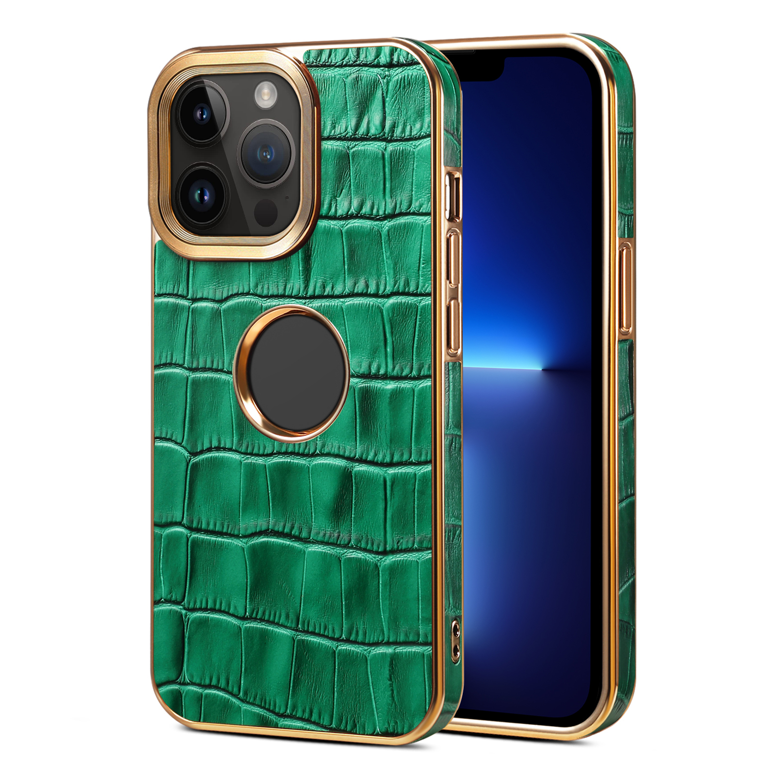 

Für Das Iphone 13 Pro PC+TPU Echtes Kuh Leder -handy -hülle Elektroplating Logo Anzeigen Telefonschutzabdeckung - Grün, iPhone 13 Pro