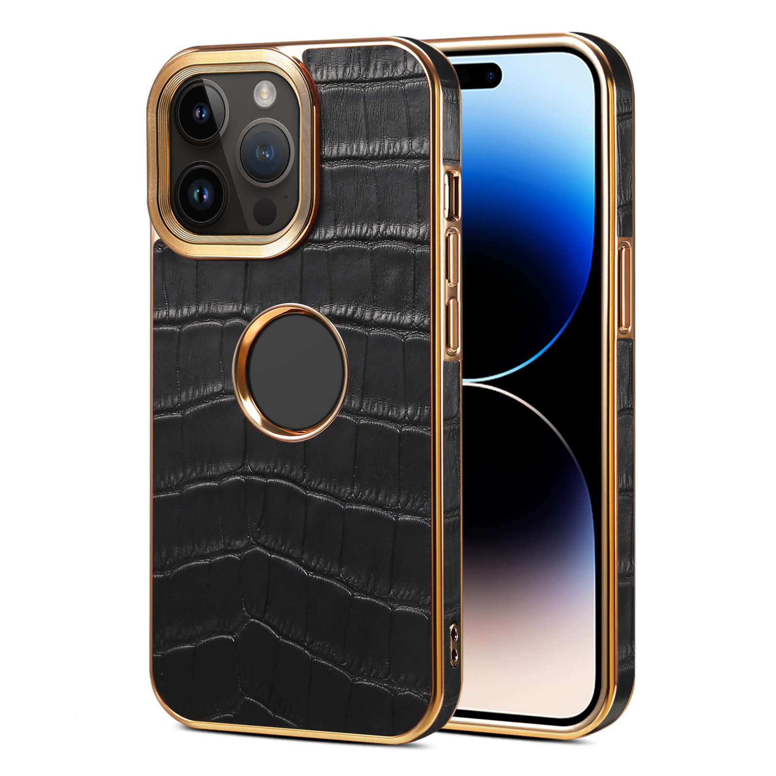 

Echtes Kuh -leder -handy -rückenfall Für Iphone 15 Pro PC+TPU -elektroplatten -telefonabdeckung Mit Logoansicht - Schwarz, iPhone 15 Pro