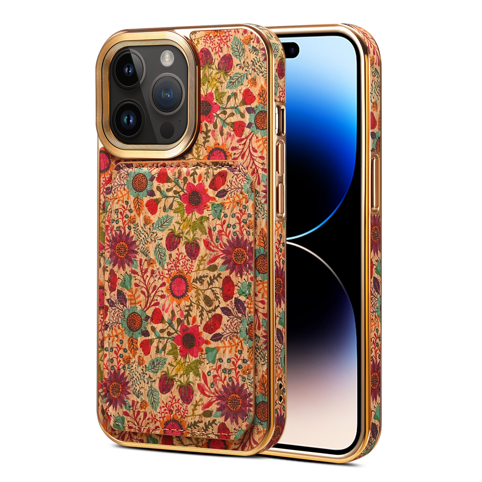 

Für Das Iphone 14 Pro Max Blumenmuster Druckkoffer PU Lederbeschichtete PC+TPU -kartenplatz Kickstand -telefonabdeckung - Lila, iPhone 14 Pro Max