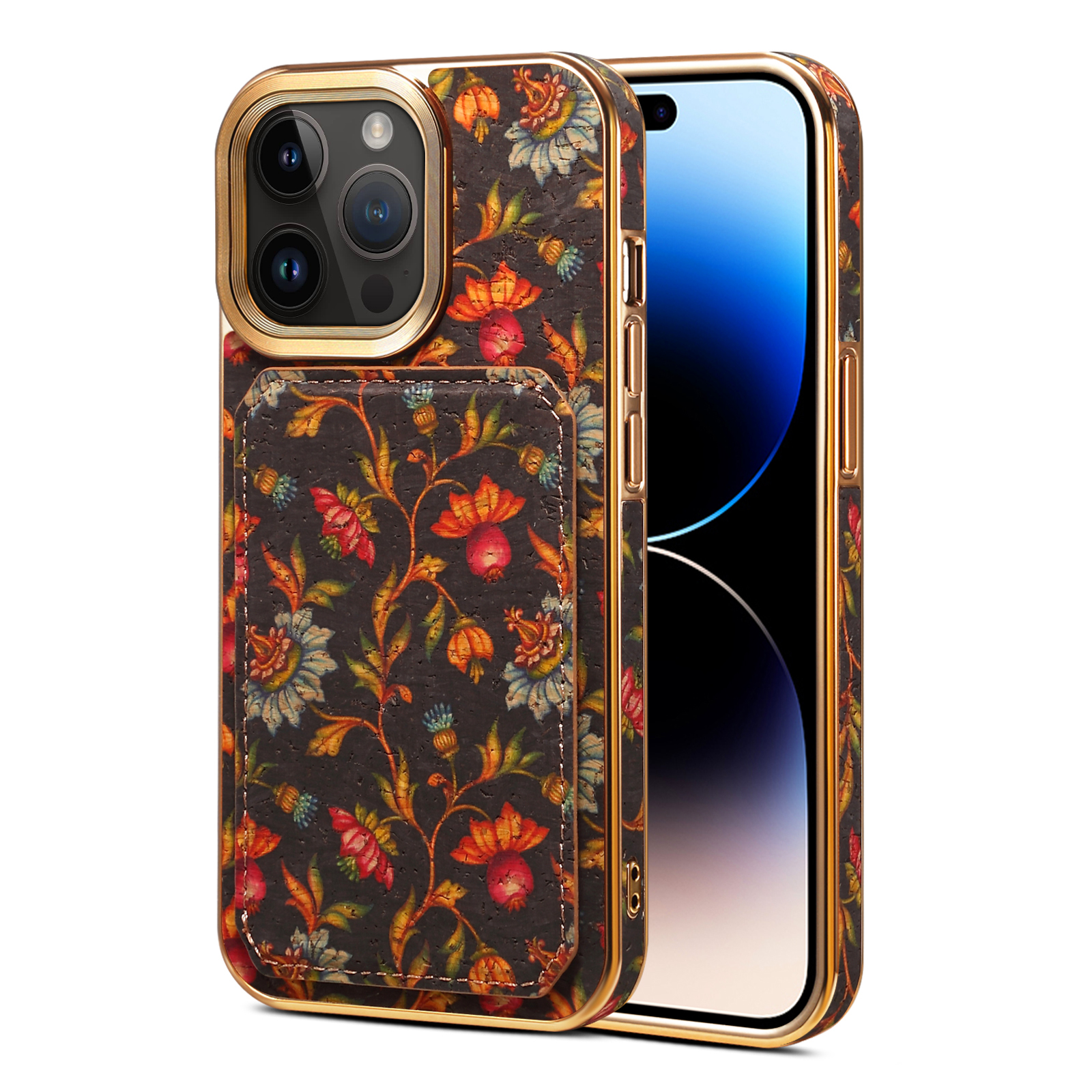 

Für Das Iphone 15 Pro Flower Muster Kickstand Cover PU -leder -pc+tpu -kartenhalter Telefon Hülle - Schwarz, iPhone 15 Pro