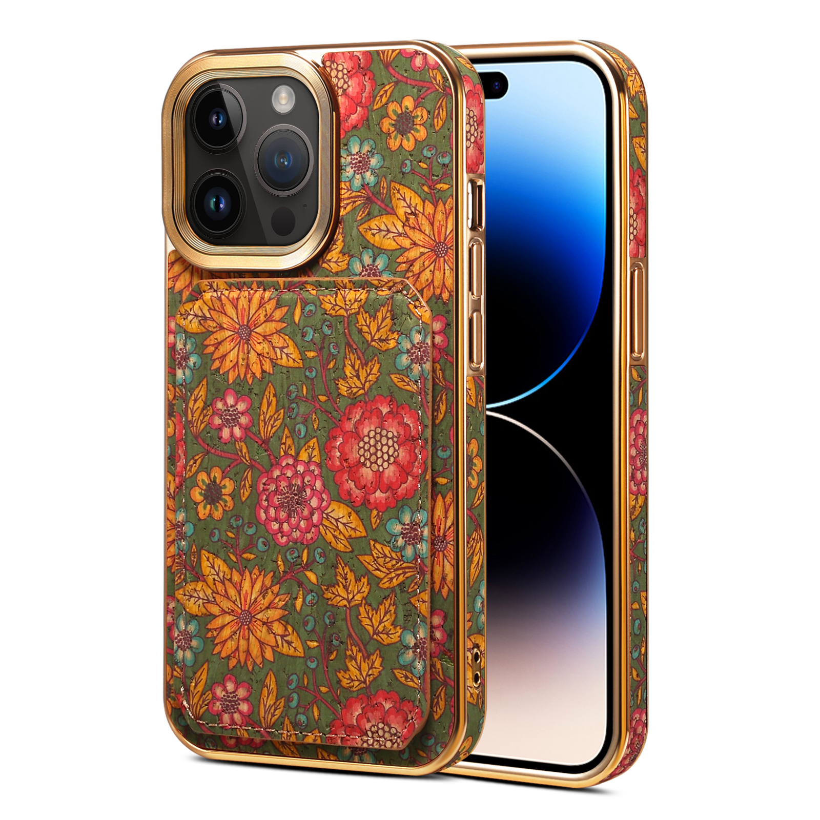 

Für Iphone 14 Pro PU Lederbeschichtete PC+TPU -blumenmuster -karton -karton -kickstand -elektroplatten -telefonabdeckung - Grün, iPhone 14 Pro