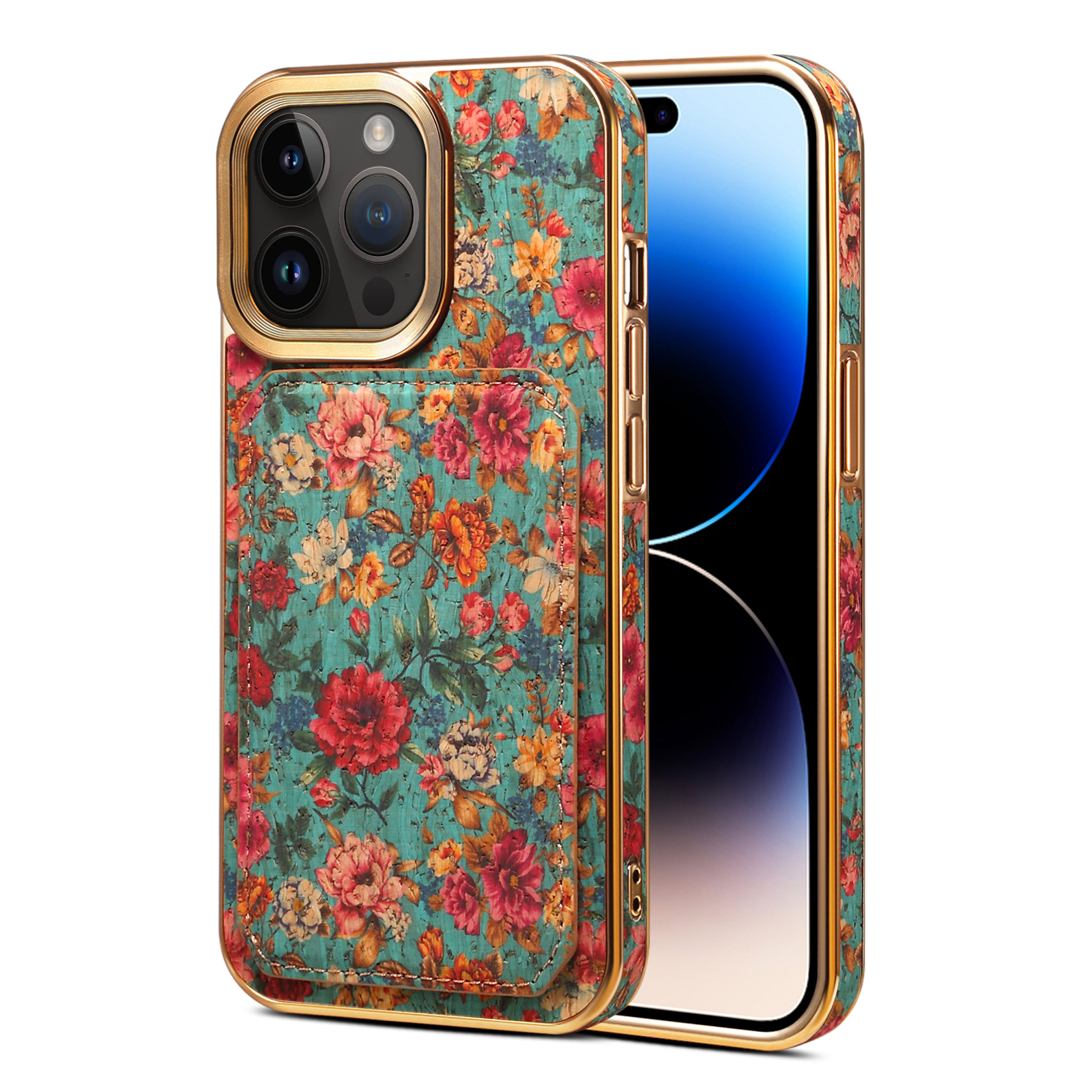 

Für Iphone 14 Pro PU Lederbeschichtete PC+TPU -blumenmuster -karton -karton -kickstand -elektroplatten -telefonabdeckung - Blau, iPhone 14 Pro