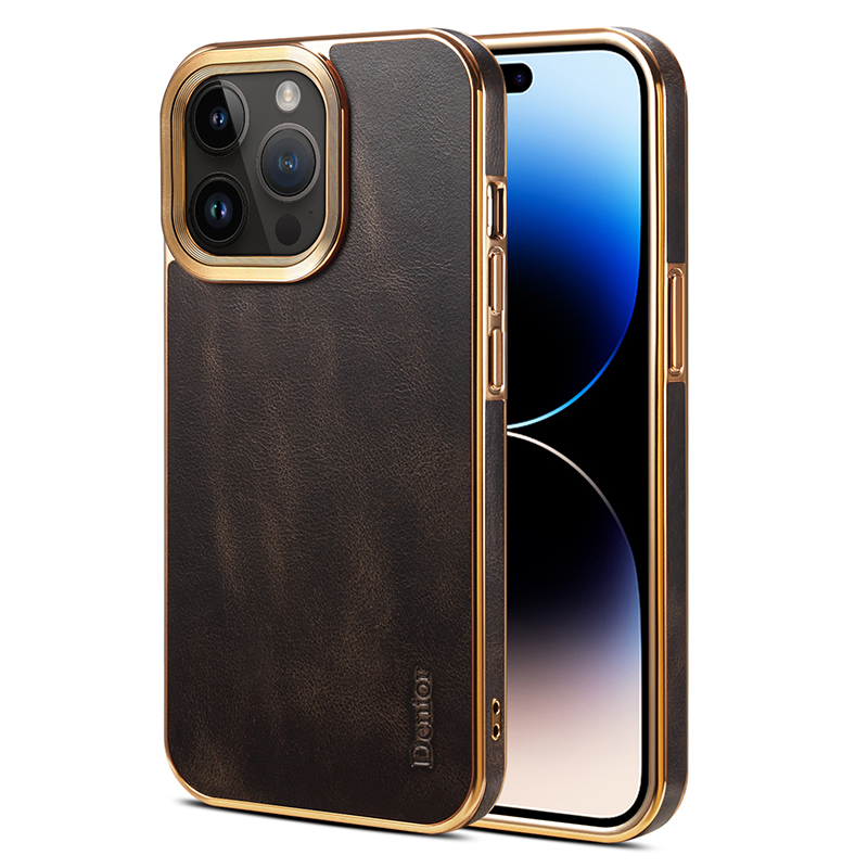 

Denior Für Iphone 15 Pro Waxy Textured Phone Case Echte Kuhleder+pc+tpu -elektroplattenabdeckung - Schwarz, iPhone 15 Pro