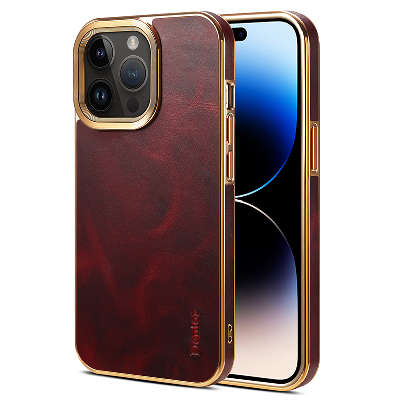 

Denior Für Iphone 15 Pro Waxy Textured Phone Case Echte Kuhleder+pc+tpu -elektroplattenabdeckung - Rot, iPhone 15 Pro