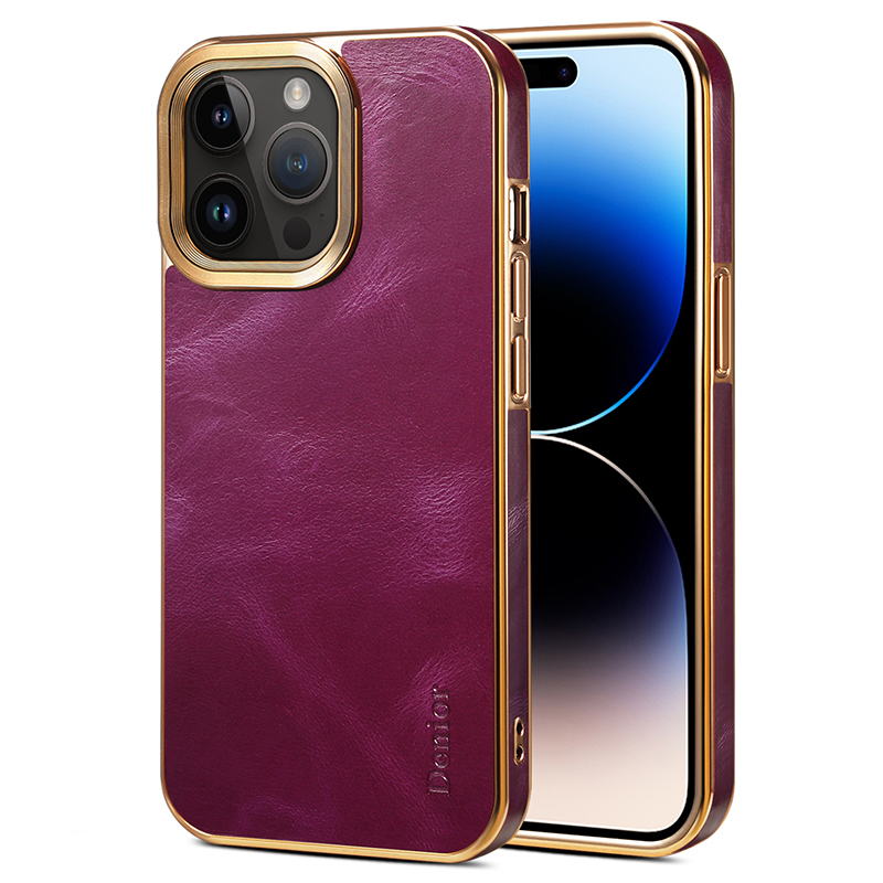 

Denior Für Iphone 15 Pro Waxy Textured Phone Case Echte Kuhleder+pc+tpu -elektroplattenabdeckung - Lila, iPhone 15 Pro