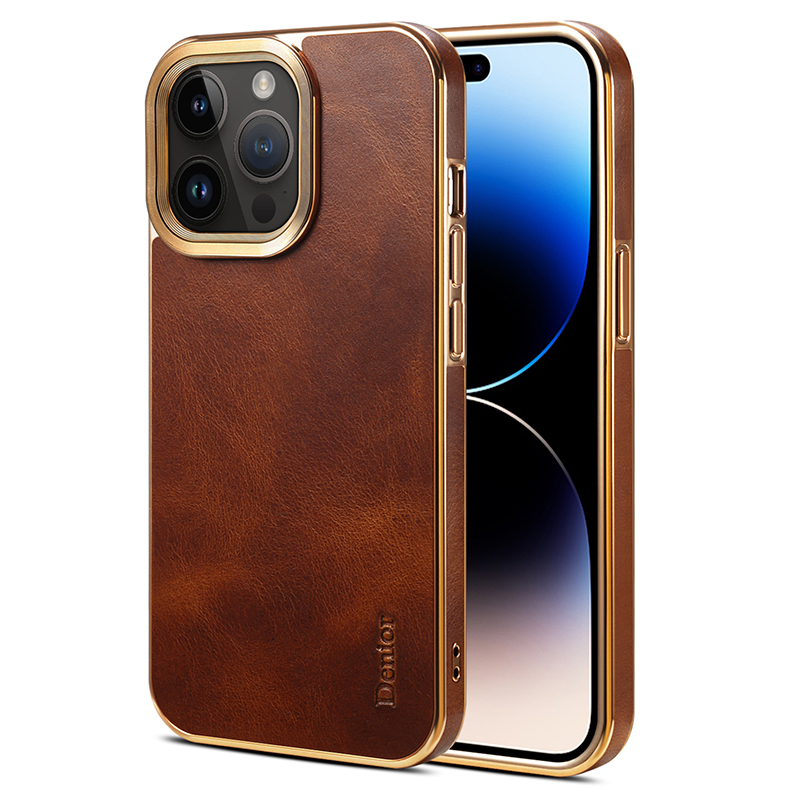 

Denior Für Iphone 15 Pro Maxe Waxy Echte Kuhleder+pc+tpu -telefonhülle Elektropliertes Rückzug - Braun, iPhone 15 Pro Max