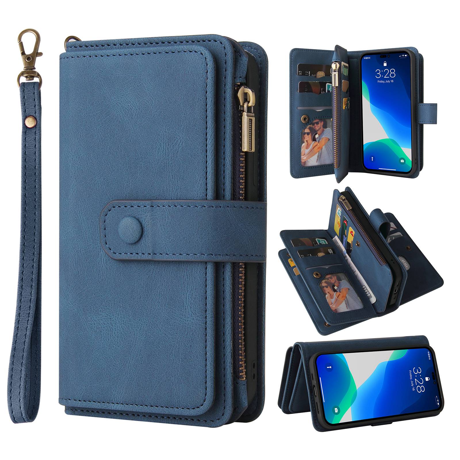 

KT Multifunktionaler Serie-2 Für Iphone 15 Pro Multiple Kartensteckplätze Lederabdeckung Reißverschluss Brieftasche Anti-drop-telefonhülle - Blau, iPhone 15 Pro