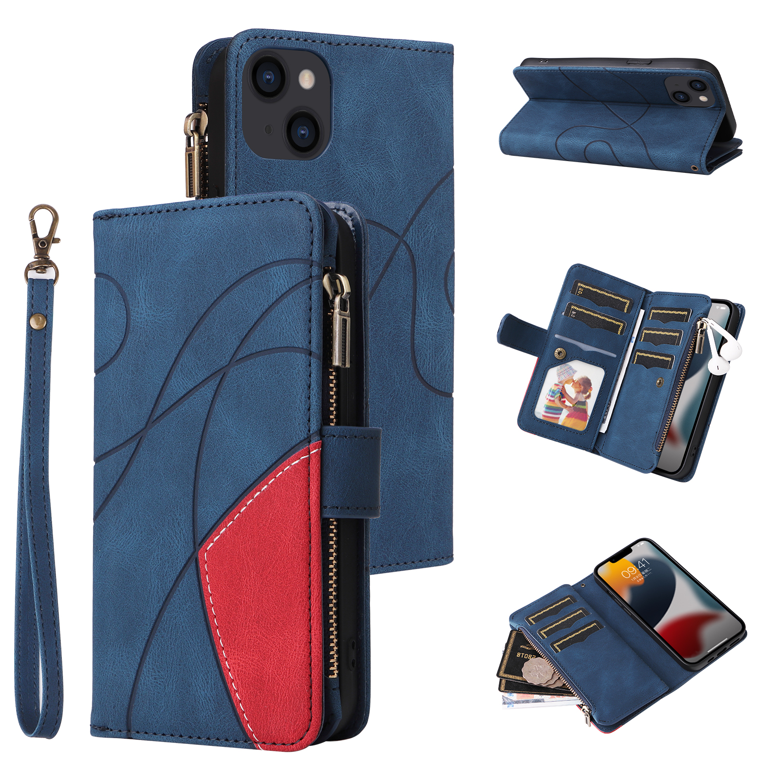 

KT Multifunktions-serie-5 Für Iphone 15 Plus Reißverschluss Brieftasche Phone Hülle 9 Kartenschlitze Spleißlederabdeckung - Blau, iPhone 15 Plus