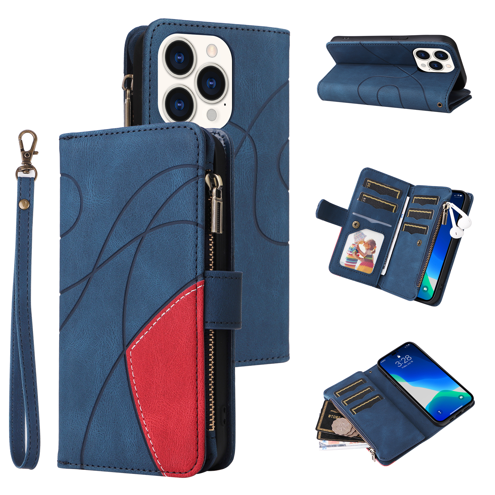 

KT Multifunktionsreihe-5 Für Iphone 15 Pro Reißverschluss Brieftaschenhilfetechnik 9 Kartenschlitze Lederständer Anti-drop-abdeckung - Blau, iPhone 15 Pro