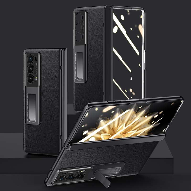 

Für Die Ehrenmagie V2 5G PU Leder Beschichtete PC -telefonhülle Elektroplatten Scharnierschutz Kickstand Cover Mit Klarem, Geschmiedetem Glasfilm - Schwarz, Honor Magic V2 5G