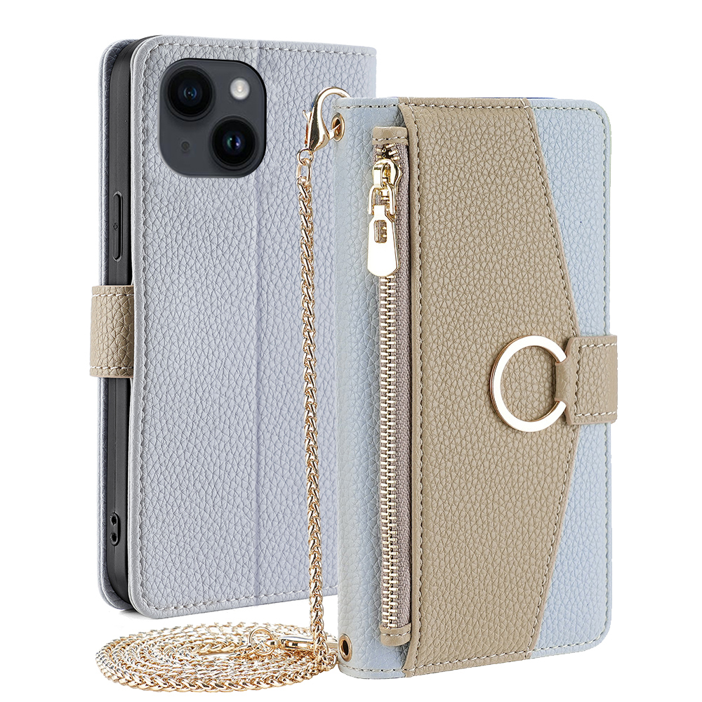

Crossbody Wallet Hülle Für Iphone 15, Ringhalter PU Lederständer Telefonabdeckung Mit Make -up -spiegel / Schulterriemen - Blau, iPhone 15