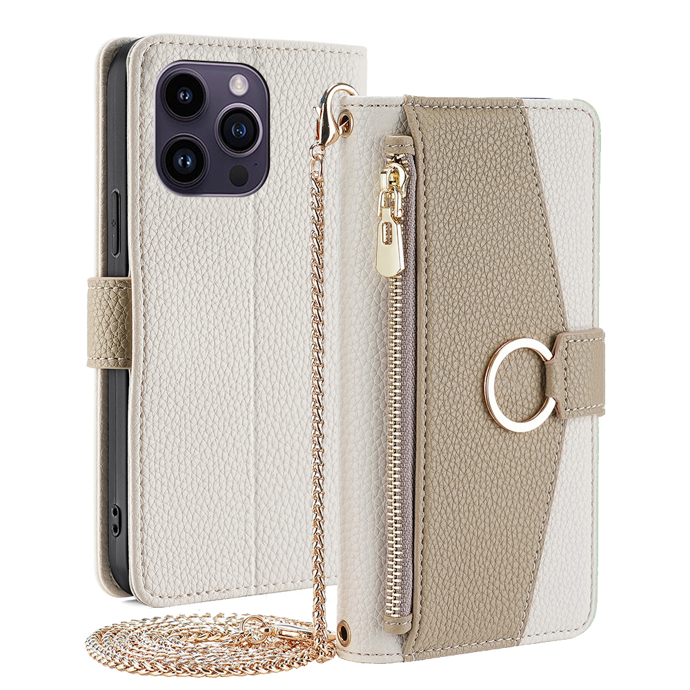 

Für Iphone 15 Pro PU Leder Ringhalter Telefon Hülle Wallet Stand Volle Schutzabdeckung Mit Make -up -spiegel / Schulterriemen - Weiß, iPhone 15 Pro