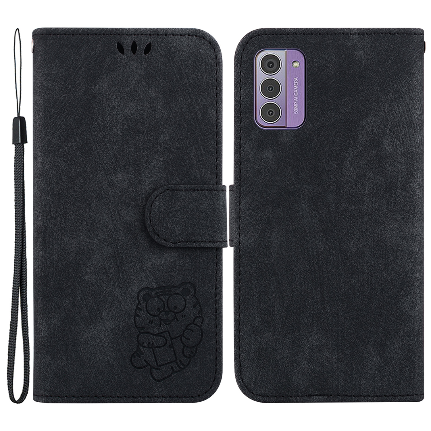 For Nokia G42 Lovely Tiger Imprint Leather Stand Cover Magnetic Clasp Wallet Phone Case - Black