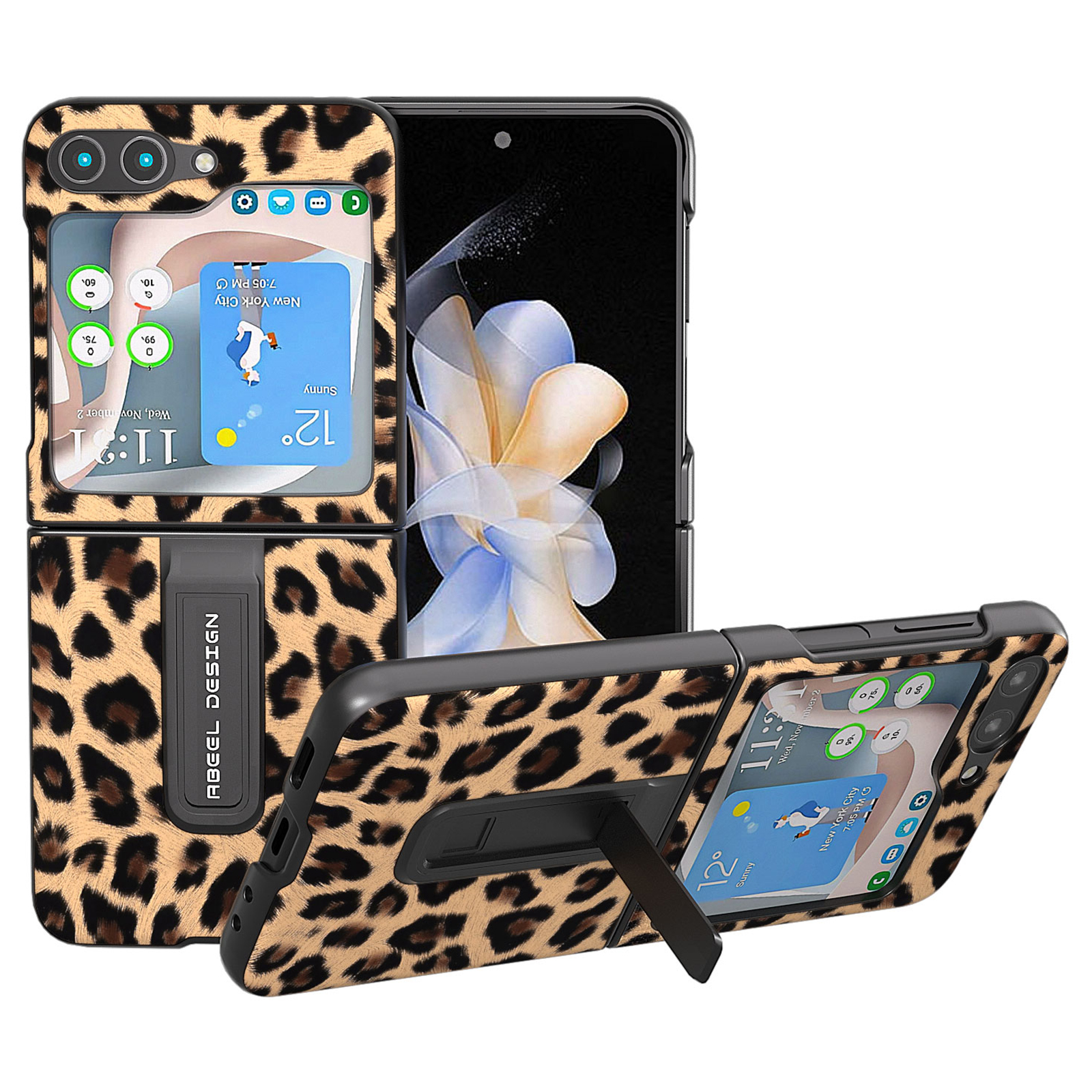 

ABEEL Für Samsung Galaxy Z Flip5 5G PU Leder+pc Kickstand Cover Leopardenmuster Telefonhülle - Champagner Gold, Galaxy Z Flip5 5G