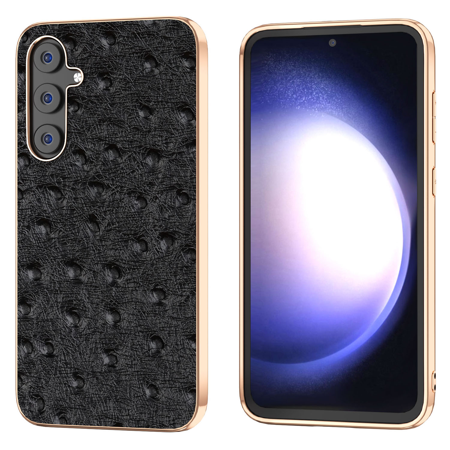 

Für Samsung Galaxy S23 fe Ostrich Textur Zurück -deckung Echtes Kuhleder Beschichtetes PC+TPU -elektroplatten -telefonhülle - Schwarz, Galaxy S23 FE