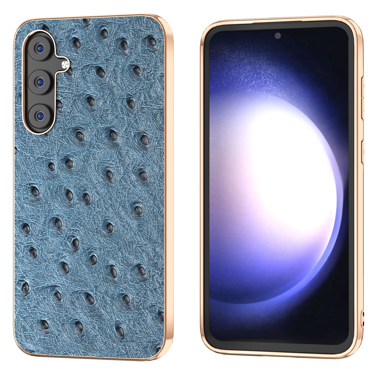 

Für Samsung Galaxy S23 fe Ostrich Textur Zurück -deckung Echtes Kuhleder Beschichtetes PC+TPU -elektroplatten -telefonhülle - Blau, Galaxy S23 FE