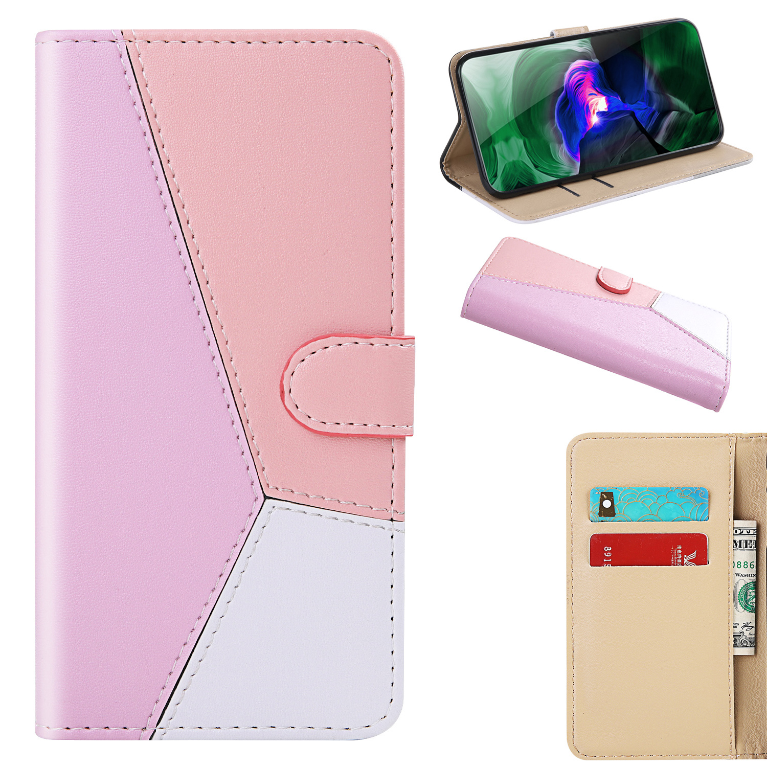 

Farbspleißabdeckung Für Samsung Galaxy A25 5G Leder Brieftasche Smartphone Hülle - Lila+rosa+weiß, Galaxy A25 5G