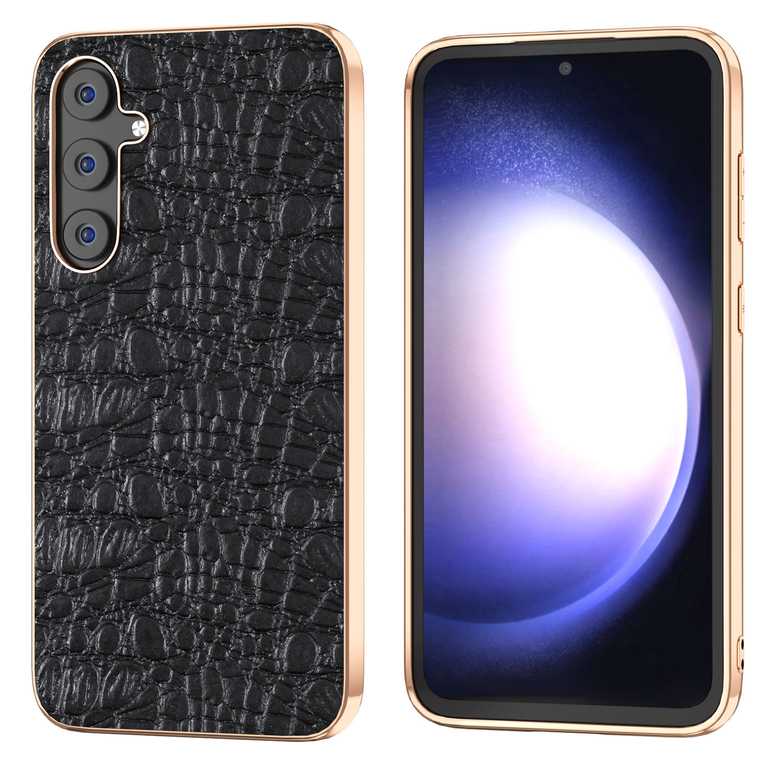 

Für Samsung Galaxy S23 fe Electroplating Canopy Textur Case Echte Kuhspurleder+tpu+pc -telefonabdeckung - Schwarz, Galaxy S23 FE