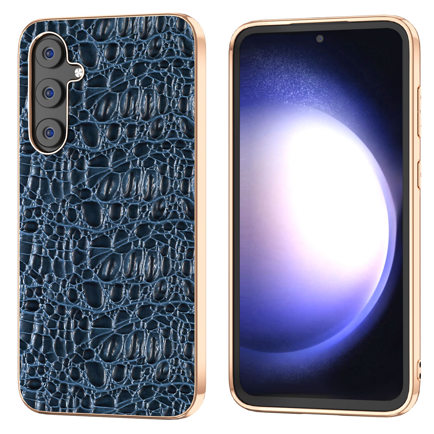 

Für Samsung Galaxy S23 fe Electroplating Canopy Textur Case Echte Kuhspurleder+tpu+pc -telefonabdeckung - Blau, Galaxy S23 FE