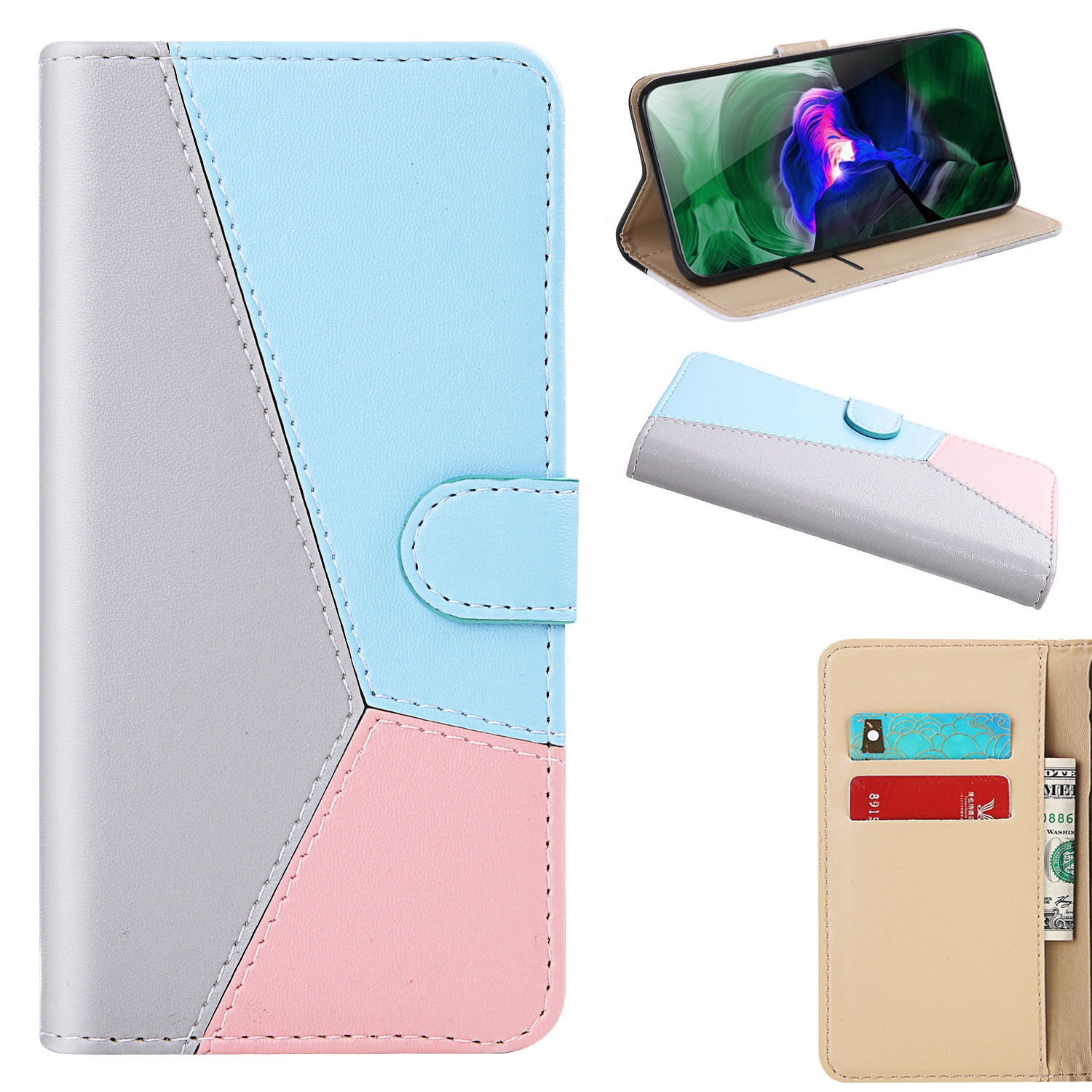 

Für Samsung Galaxy A24 4G / 5G Farbspleißen Schutzdeckel Leder Brieftaschenstand Telefonhülle - Grau+blau+pink, Galaxy A24 4G