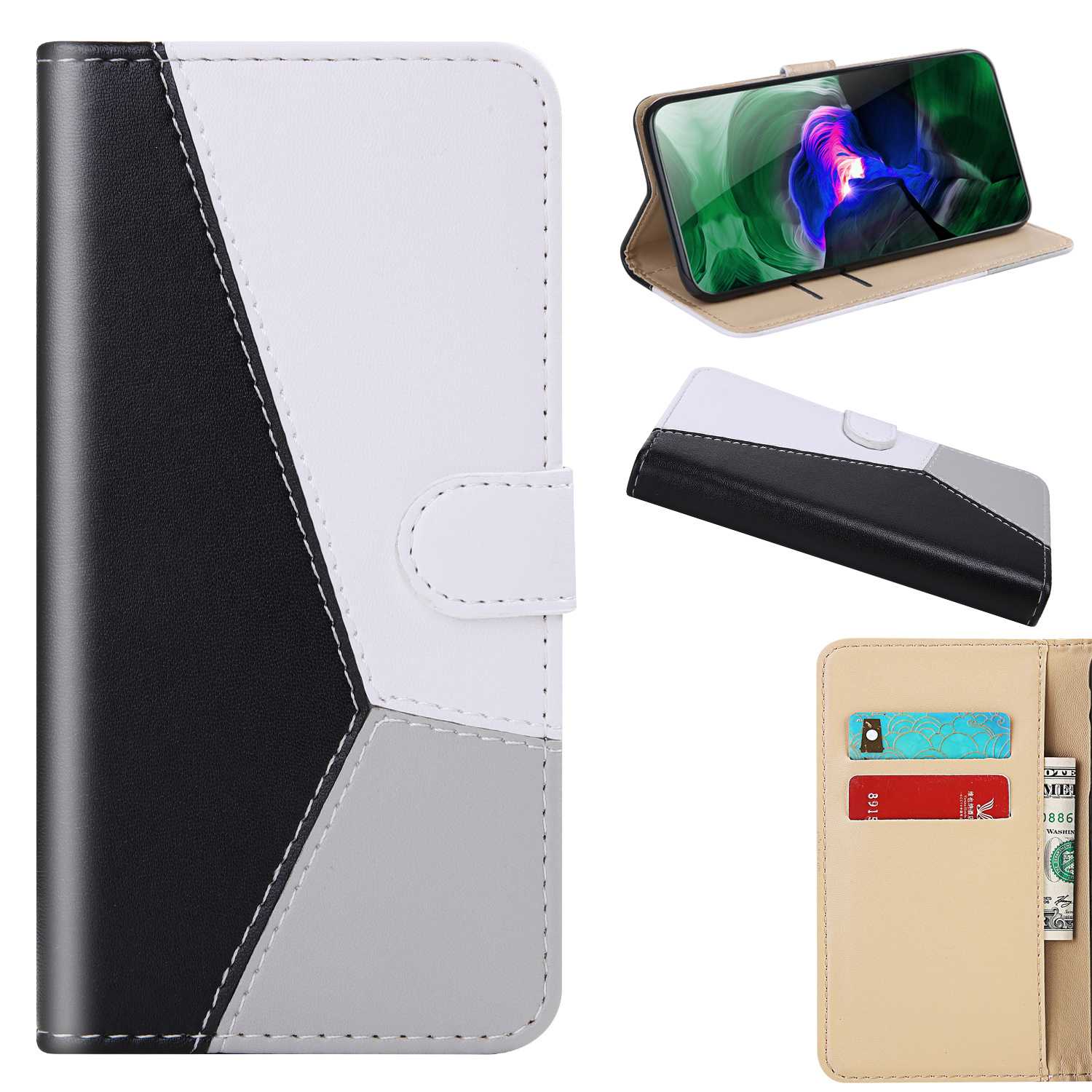 

Für Samsung Galaxy A24 4G / 5G Farbspleißen Schutzdeckel Leder Brieftaschenstand Telefonhülle - Schwarz+weiß+grau, Galaxy A24 4G