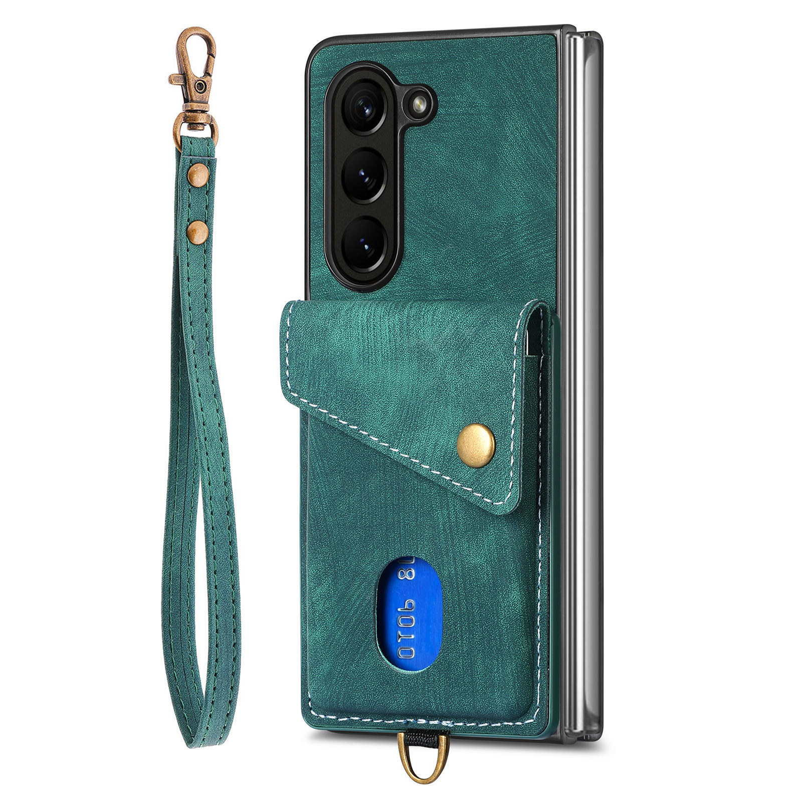 

Retro PU+TPU -telefonhülle Für Galaxy Z Fold5 5G Schockdcoschkartenhalter Kickstand Cover Mit Riemen - Grün, Galaxy Z Fold5 5G