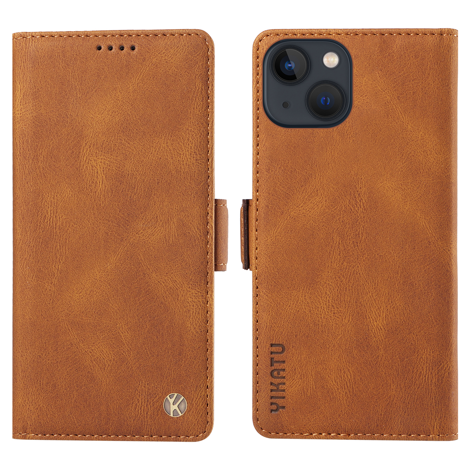 

Yikatu YK-005 Für Iphone 15 Plus Anti-kratzer-schale Pu-leder-handy-ständer Deckung Haut-touch-schockbrieftasche - Braun, iPhone 15 Plus