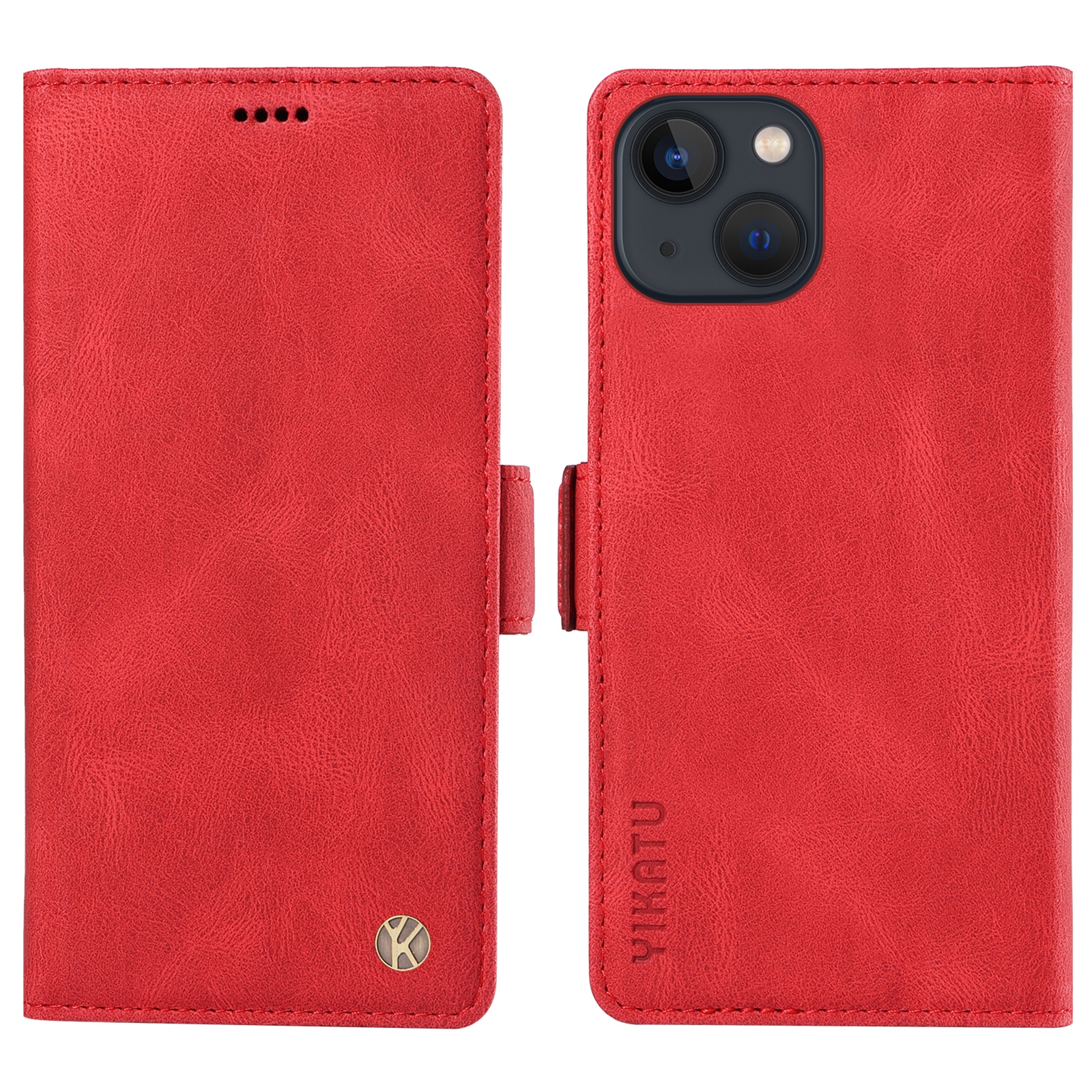 

Yikatu YK-005 Für Iphone 15 Hauttouch PU Leder-telefon Hülle Schocksicherheit Wallet Stand Cover - Rot, iPhone 15