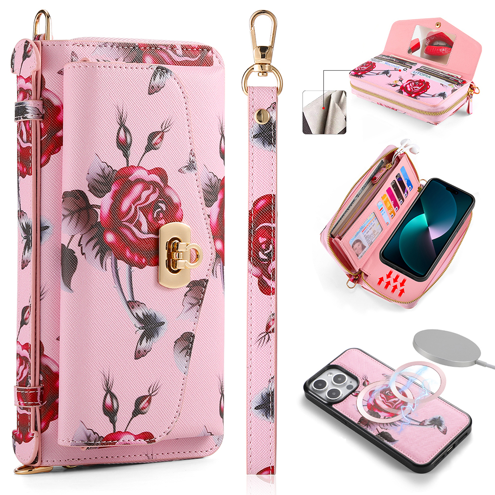 

Pola Style 001 Für Iphone 15 Pro Max Abnehmbar Abnehmbar Leder Brieftasche Flower Muster RFID Blockierende Telefonabdeckung - Rosa, iPhone 15 Pro Max