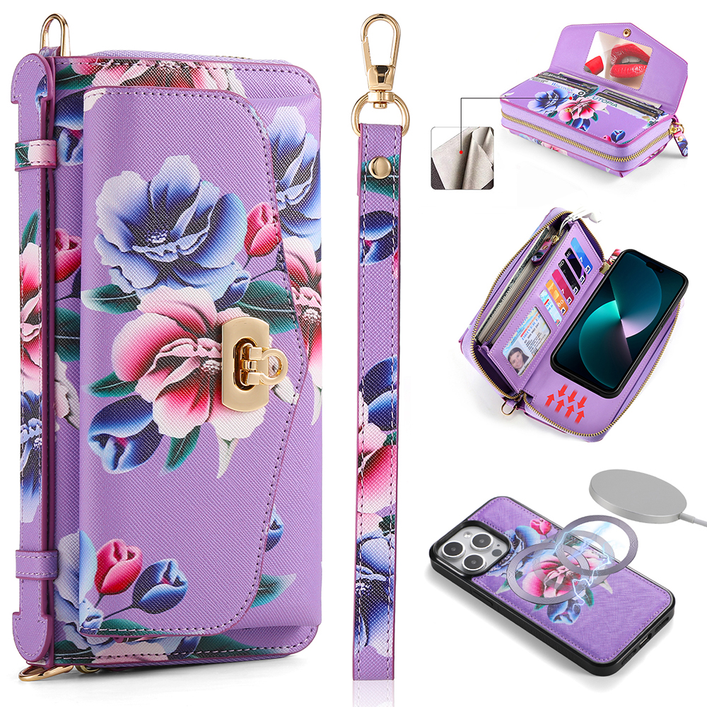 

Pola Style 001 Für Iphone 15 Pro PU Leder Brieftasche Telefon Hülle Blumenmuster RFID Blockierende Abnehmbare Telefonabdeckung - Lila, iPhone 15 Pro