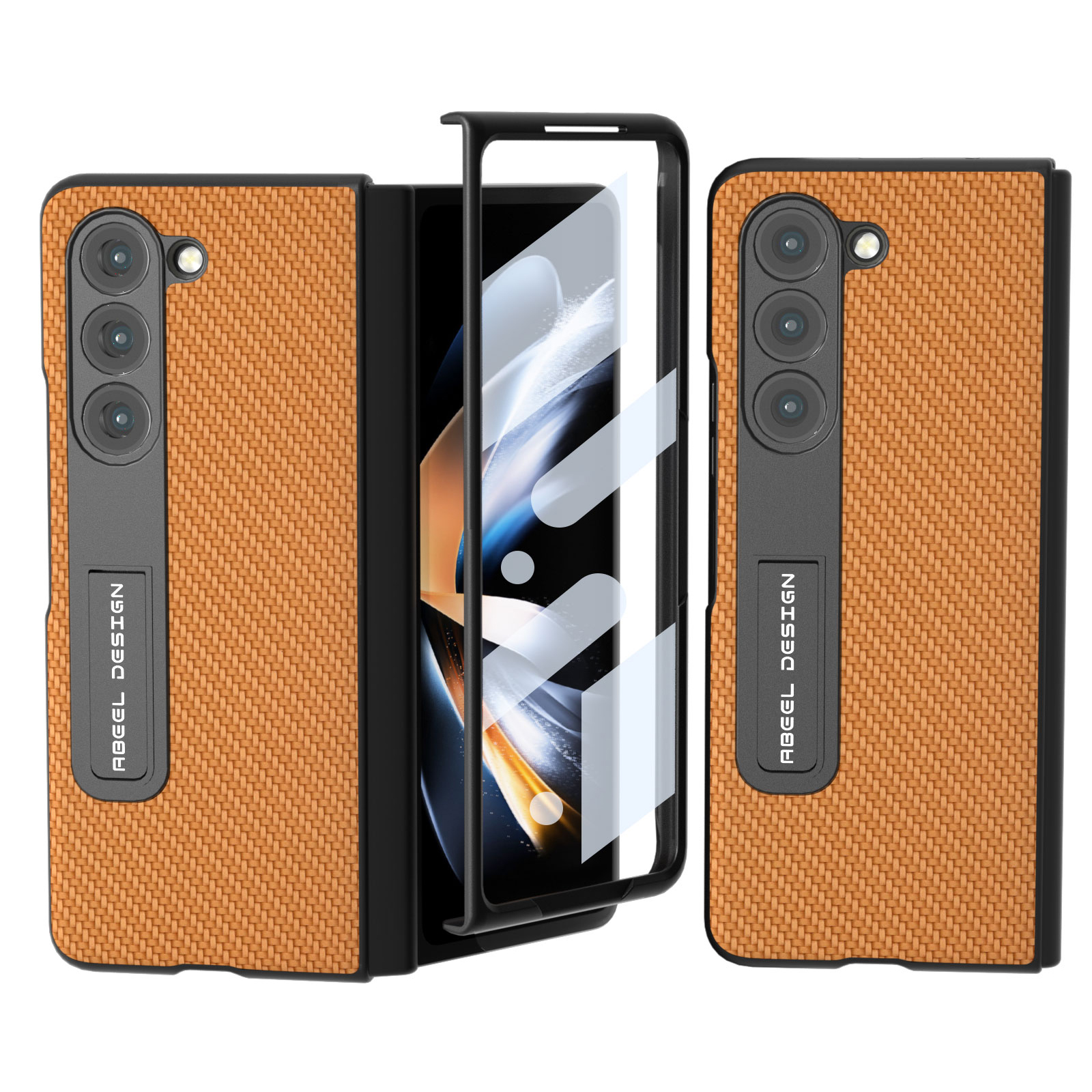 

ABEEL Für Samsung Galaxy Z Fold5 5G Kickstand Faltphase Hülle Carbonfaser Textur Lederbeschichteter PC -abdeckung - Hellbraun, Galaxy Z Fold5 5G