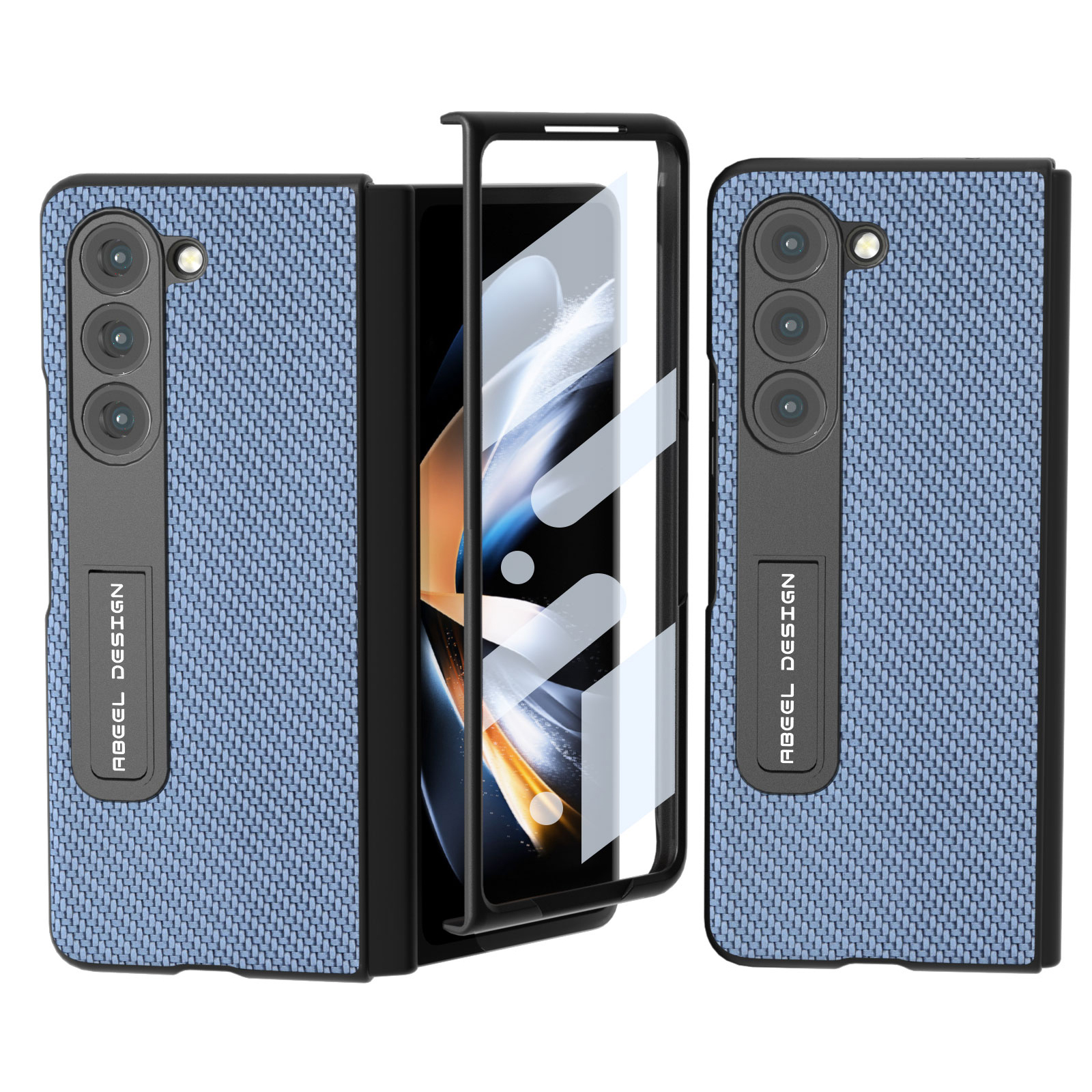 

ABEEL Für Samsung Galaxy Z Fold5 5G Kickstand Faltphase Hülle Carbonfaser Textur Lederbeschichteter PC -abdeckung - Baby Blau, Galaxy Z Fold5 5G