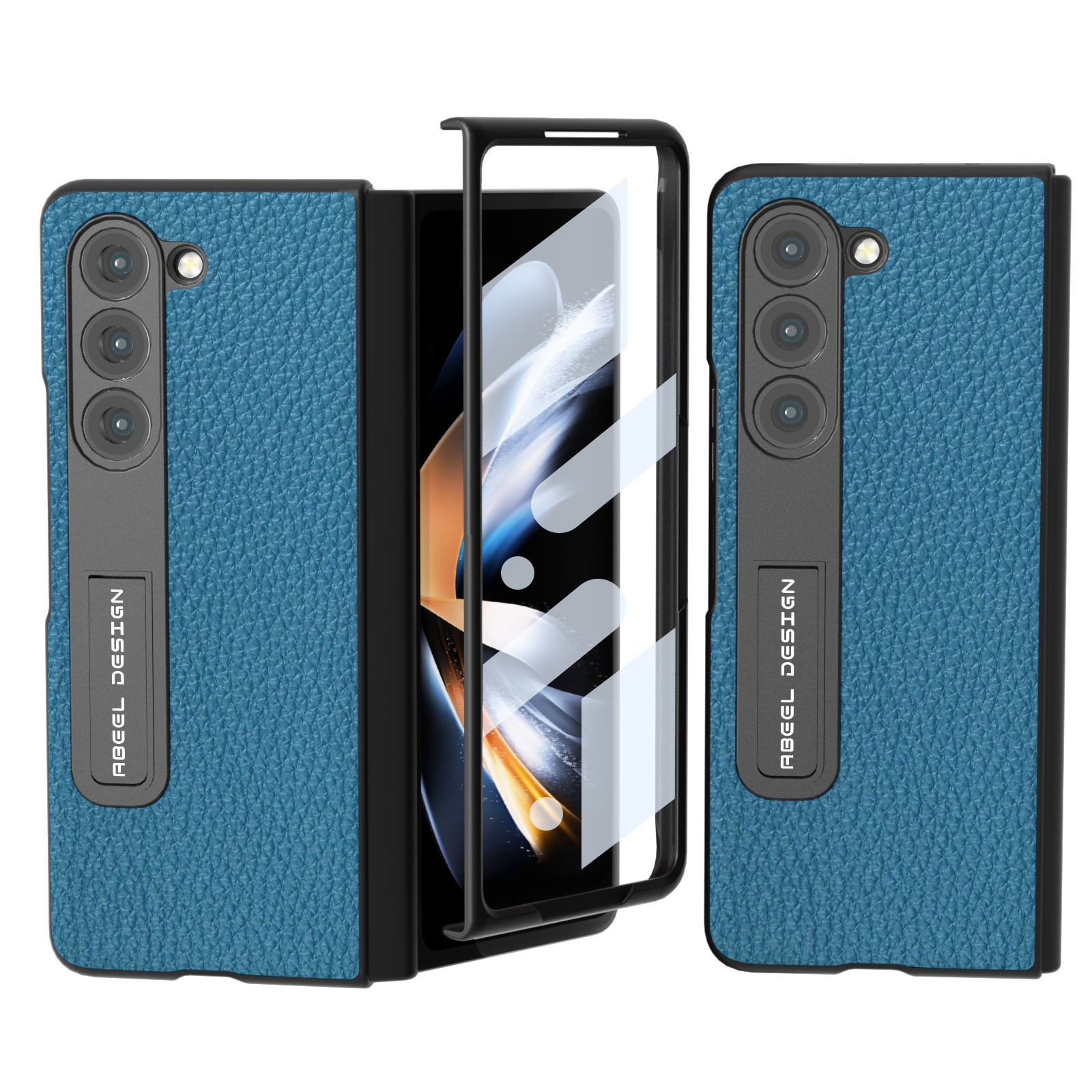 

ABEEL Für Samsung Galaxy Z Fold5 5G Kickstand Hülle Litchi Textur Kuhlattenleder -pc -telefonabdeckung - Blau, Galaxy Z Fold5 5G