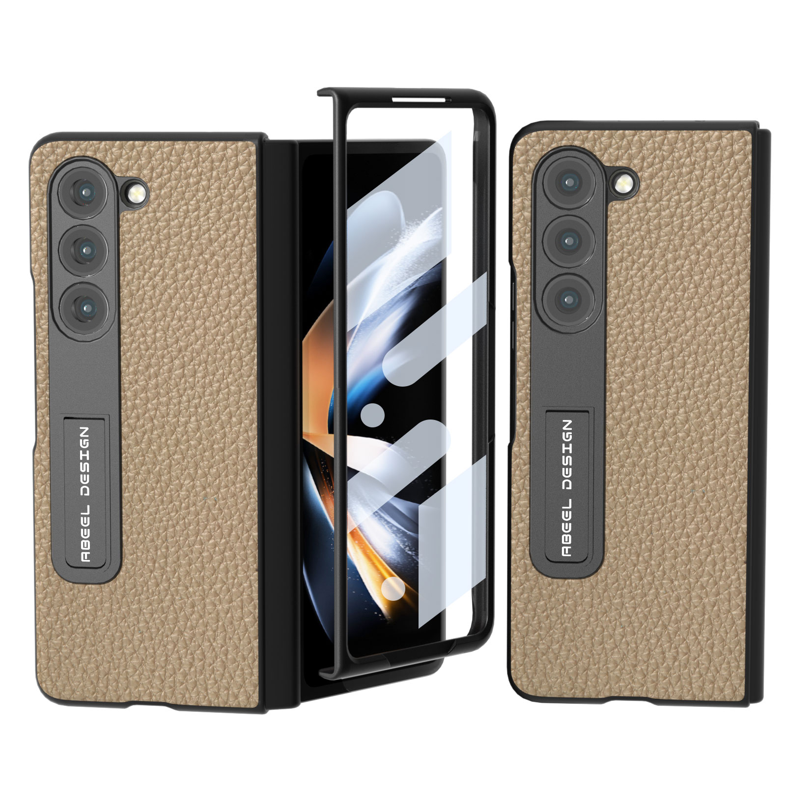 

ABEEL Für Samsung Galaxy Z Fold5 5G Kickstand Hülle Litchi Textur Kuhlattenleder -pc -telefonabdeckung - Khaki, Galaxy Z Fold5 5G