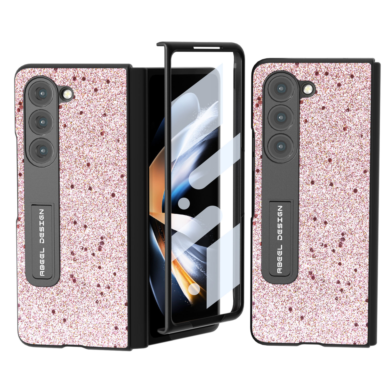 

ABEEL Für Samsung Galaxy Z Fold5 5G Bling Glitter Kickstand Telefonhülle Lederbeschichtete PC -telefonabdeckung - Rosa, Galaxy Z Fold5 5G