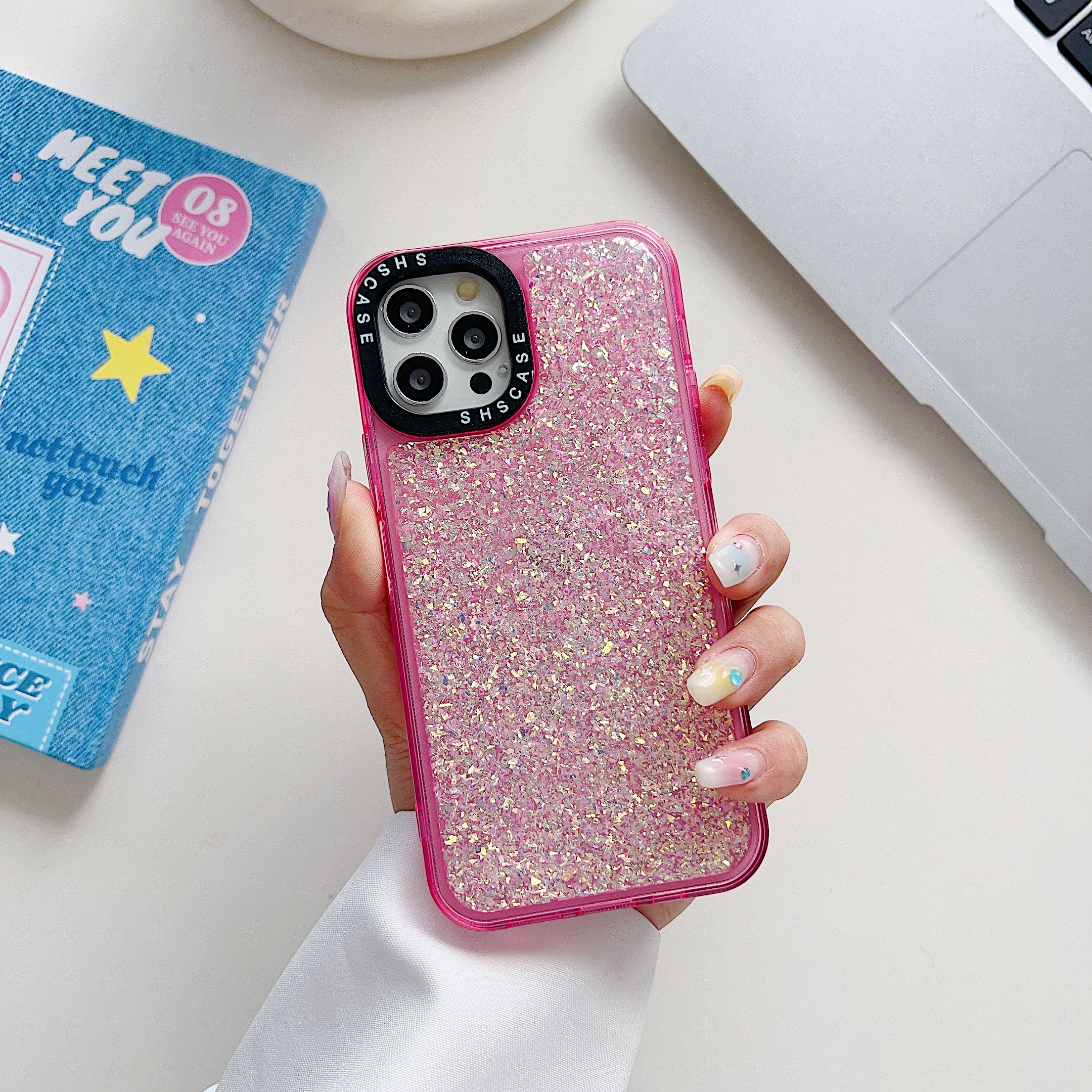 

Telefonabdeckung Für Iphone 15 Plus, Glitzer Bling Epoxy PC+TPU -kameraschutzrahmen Zurück -hülle - Rosa, iPhone 15 Plus