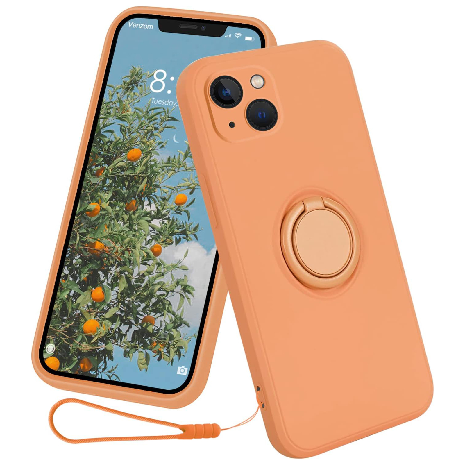 

Für Das Iphone 15 Plus Flüssiges Silikon -rückzugsring -kickstand -telefonhülle Mit Handgelenkseil - Orange, iPhone 15 Plus