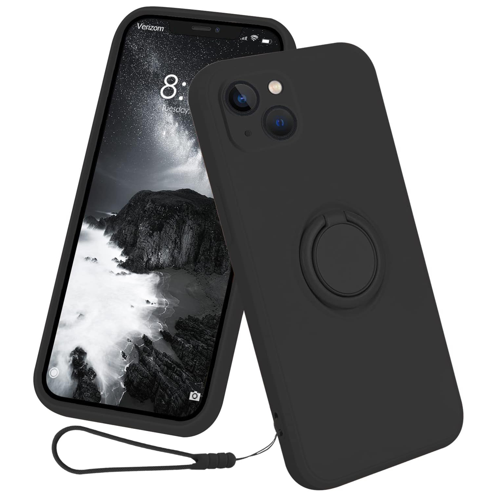 

Für Das Iphone 15 Plus Flüssiges Silikon -rückzugsring -kickstand -telefonhülle Mit Handgelenkseil - Schwarz, iPhone 15 Plus