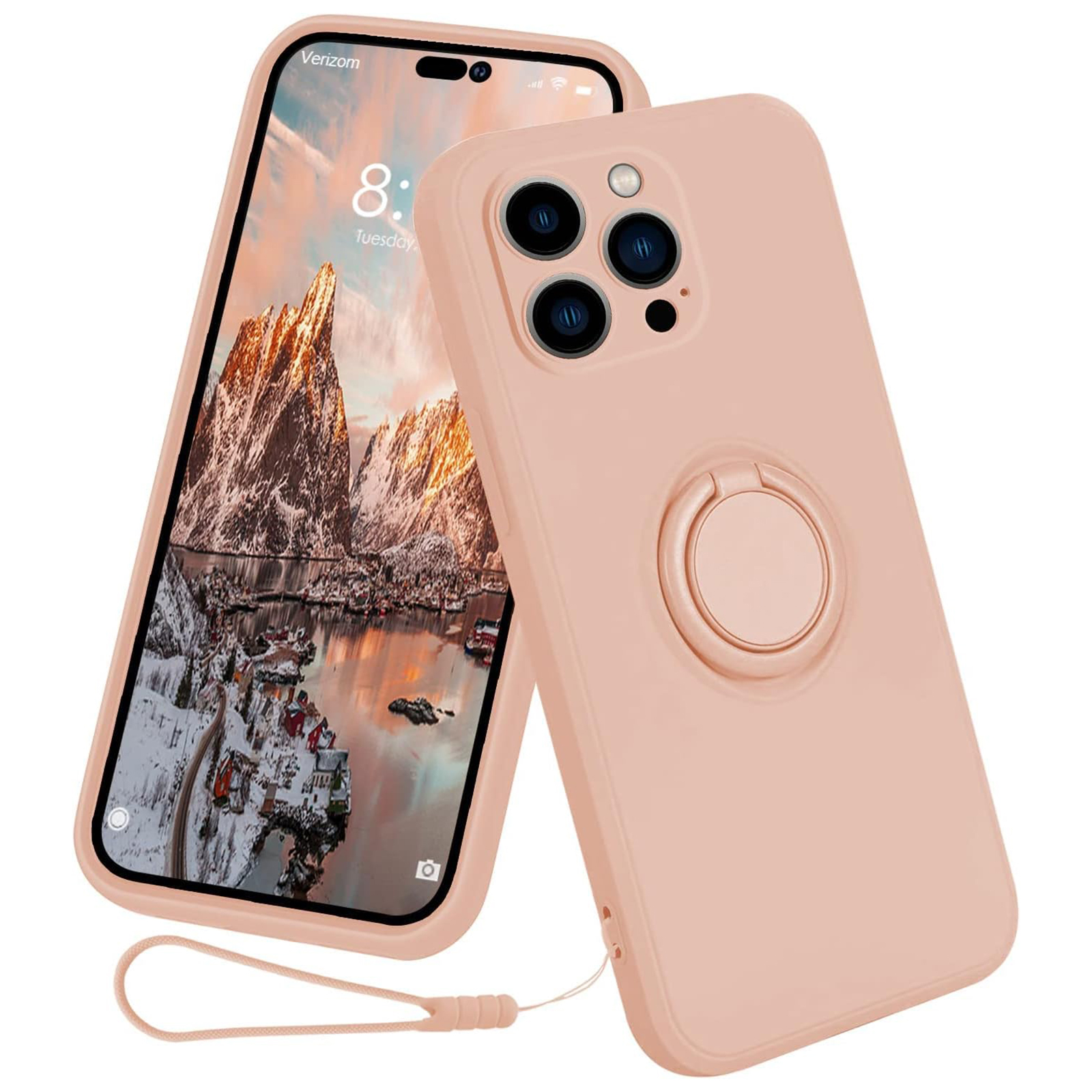 

Für Das Iphone 15 Pro Max Ring Kickstand Anti-drop-hülle Flüssige Silikon-telefonabdeckung Mit Lanyard - Rosa, iPhone 15 Pro Max