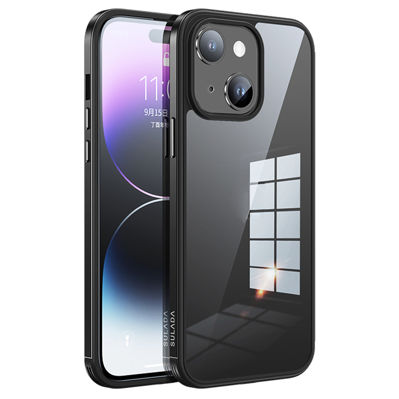 

Sulada Minrui -serie Für Iphone 15 Metallrahmen Tpu+temperiertes Glas Telefonabdeckung Elektropliertes Clear Case - Schwarz, iPhone 15
