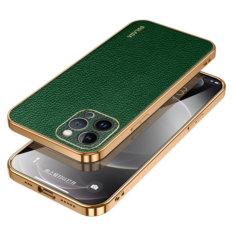 

Sulada Für Iphone 15 Pro Litchi Textur PU Lederbeschichteter PC+TPU -telefonhülle Elektroplierter Rückzugabdeckung - Grün, iPhone 15 Pro