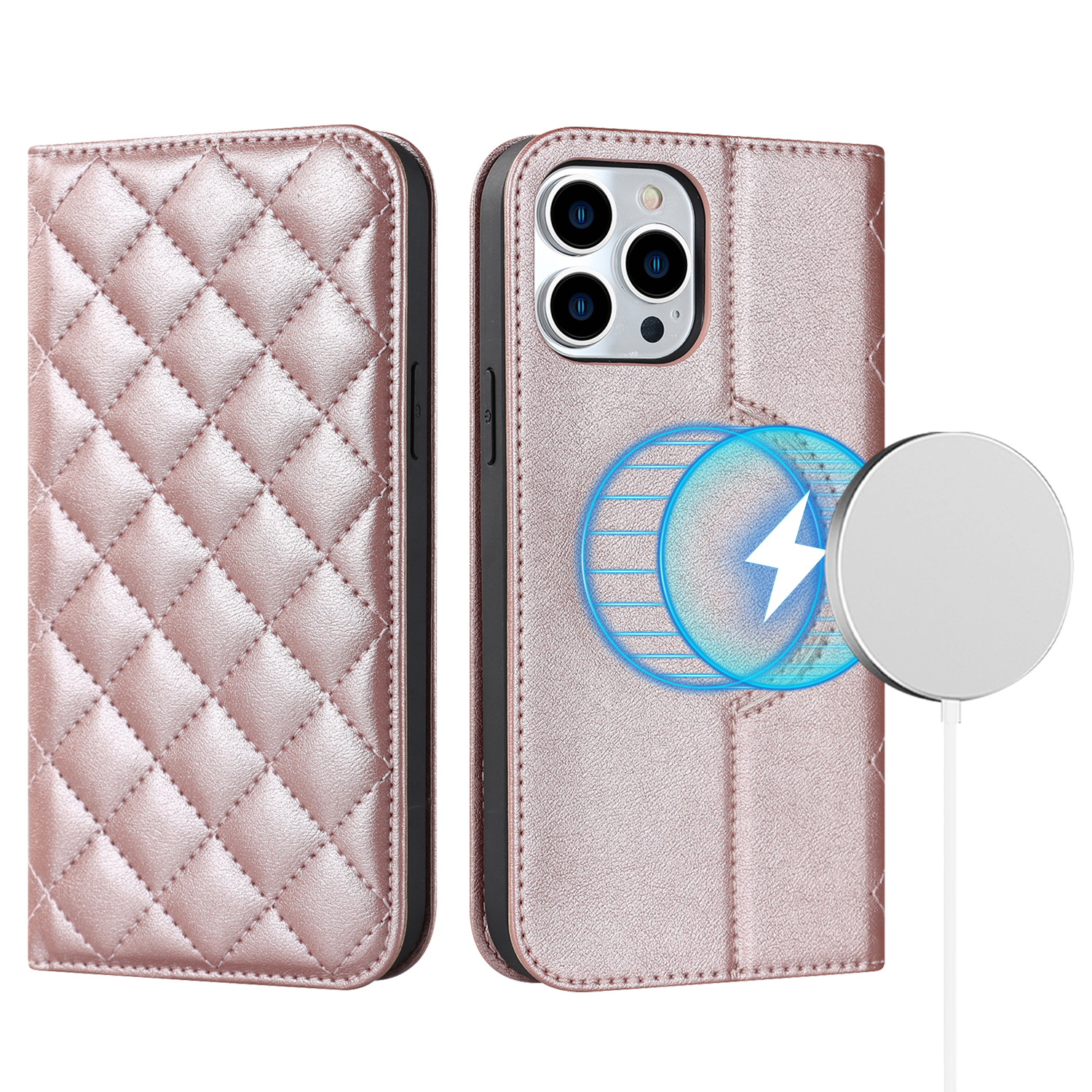

Für Das Iphone 15 Pro Max PU Leder -handy -kartonhalter RFID Blocking Stand Cover Kompatibel Mit Magsafe - Roségold, iPhone 15 Pro Max
