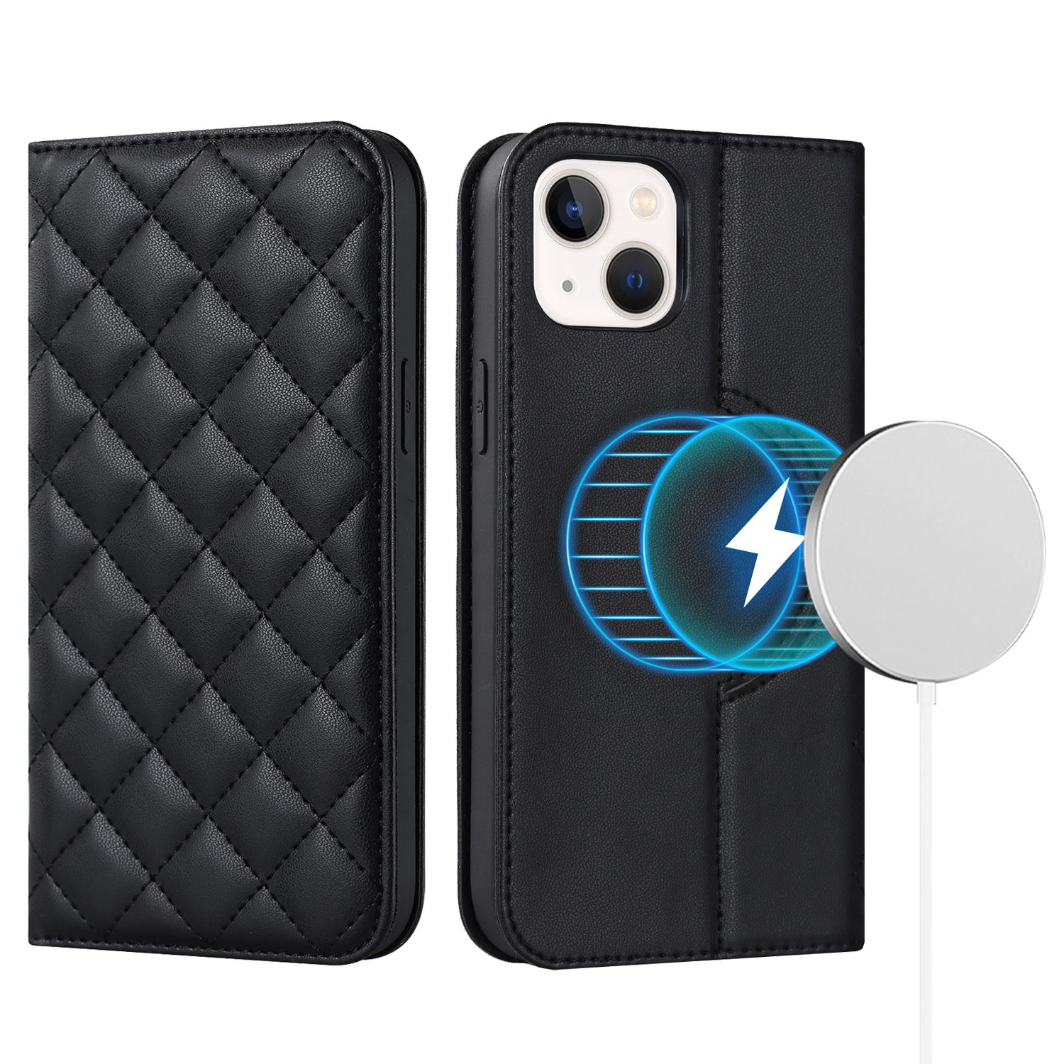 

Für Das Iphone 15 PU Lederkartenhalter Hülle Stand RFID Blocking Phone Cover Kompatibel Mit Magsafe - Schwarz, iPhone 15