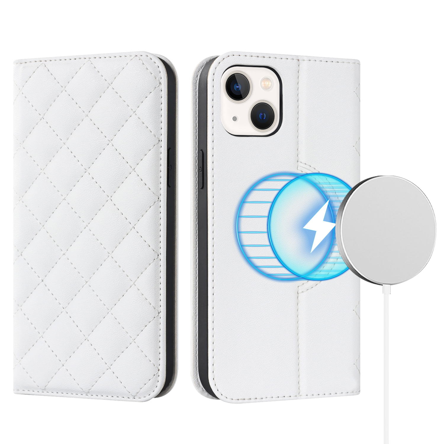 

Für Das Iphone 15 PU Lederkartenhalter Hülle Stand RFID Blocking Phone Cover Kompatibel Mit Magsafe - Weiß, iPhone 15