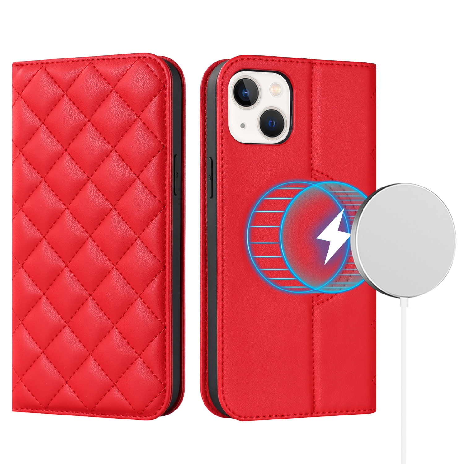 

Für Das Iphone 15 PU Lederkartenhalter Hülle Stand RFID Blocking Phone Cover Kompatibel Mit Magsafe - Rot, iPhone 15