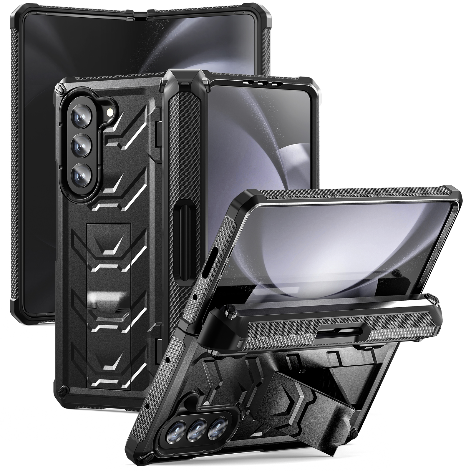 

Für Samsung Galaxy Z Fold5 5G Rugged Series Kickstand Phone Case Anti-drop TPU+PC Hybrid-abdeckung Mit Stifthalterscharnier - Schwarz, Galaxy Z Fold5 5G