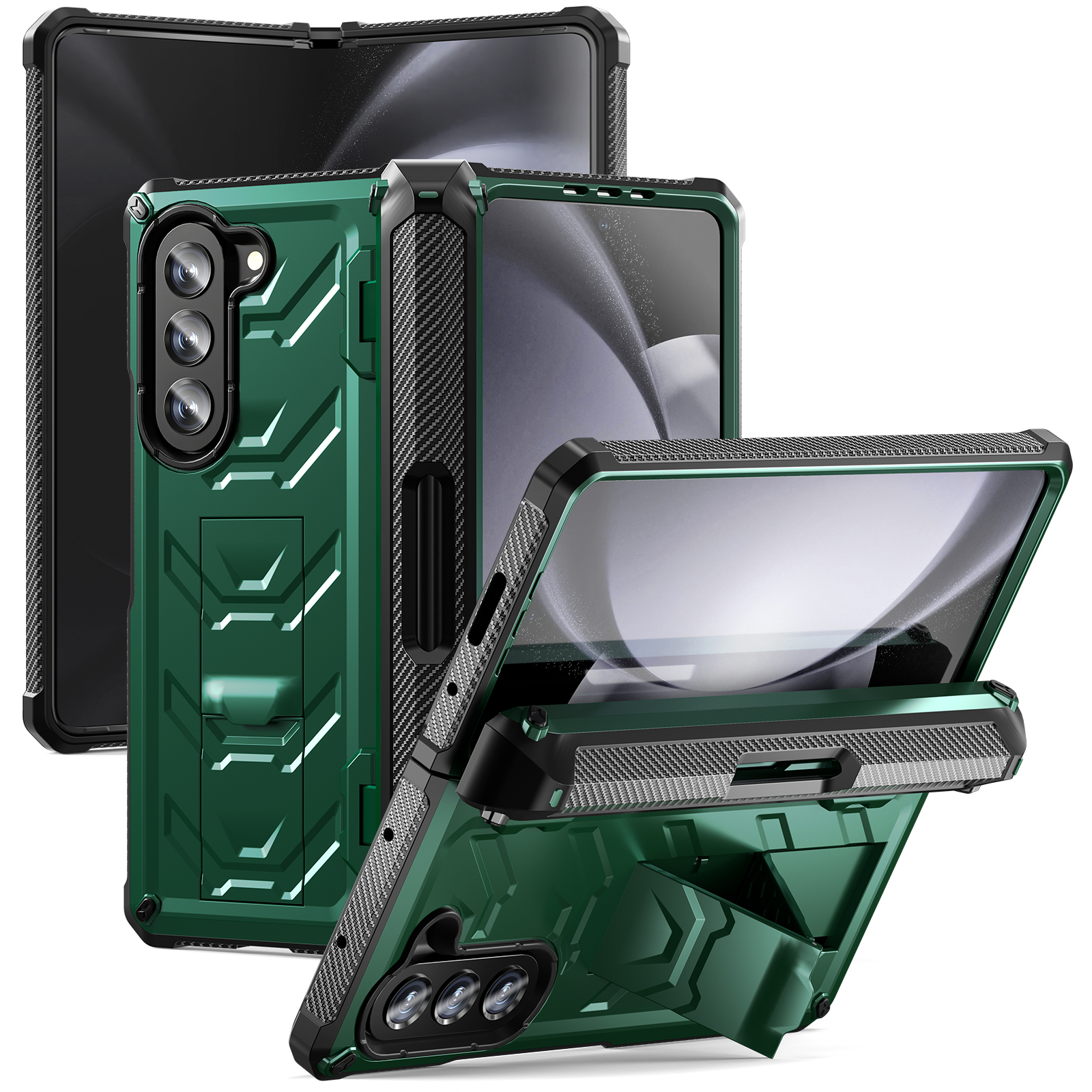 

Für Samsung Galaxy Z Fold5 5G Rugged Series Kickstand Phone Case Anti-drop TPU+PC Hybrid-abdeckung Mit Stifthalterscharnier - Grün, Galaxy Z Fold5 5G